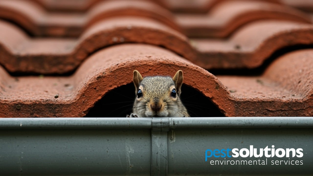 Grey squirrel peering out from under roof tiles in Westwood